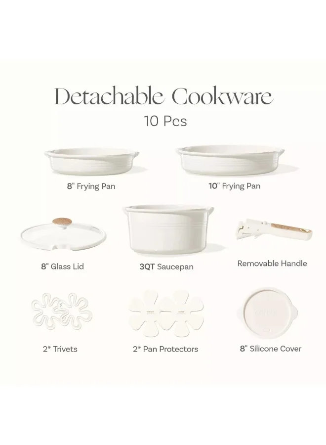 كاروت طقم أواني كاروت 10 قطع سيراميك غير لاصق بمقابض قابلة للفصل، خالٍ من PFAS لطهي صحي، تصميم قابل للتكديس مع فتحات صب، متوافق مع جميع المواقد وآمن لغسالة الصحون (كريمي)